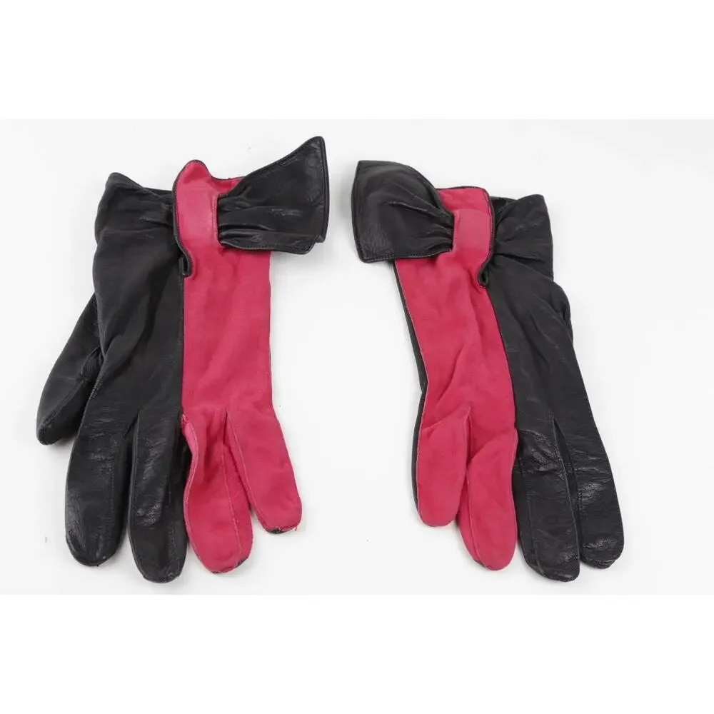RARE Vintage Pierre Cardin Red Black Leather Suede Bow Gloves Size 7.5 France